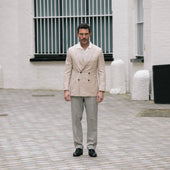 Peak Lapel Double Breasted Jacket In Wool Silk Linen Herringbone