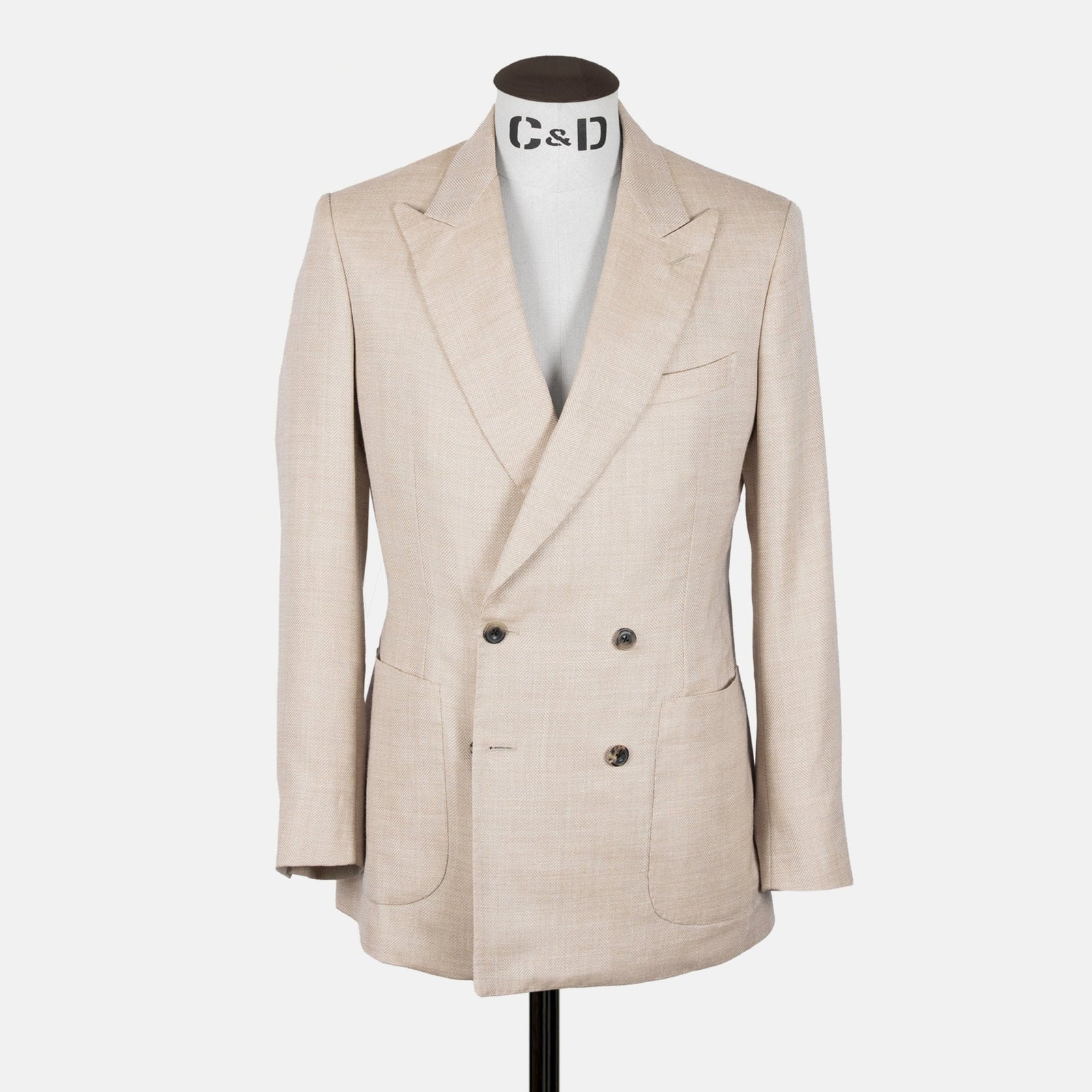 Peak Lapel Double Breasted Jacket In Wool Silk Linen Herringbone