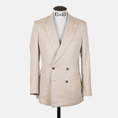 Peak Lapel Double Breasted Jacket in Cream Wool, Silk & Linen Herringbone
