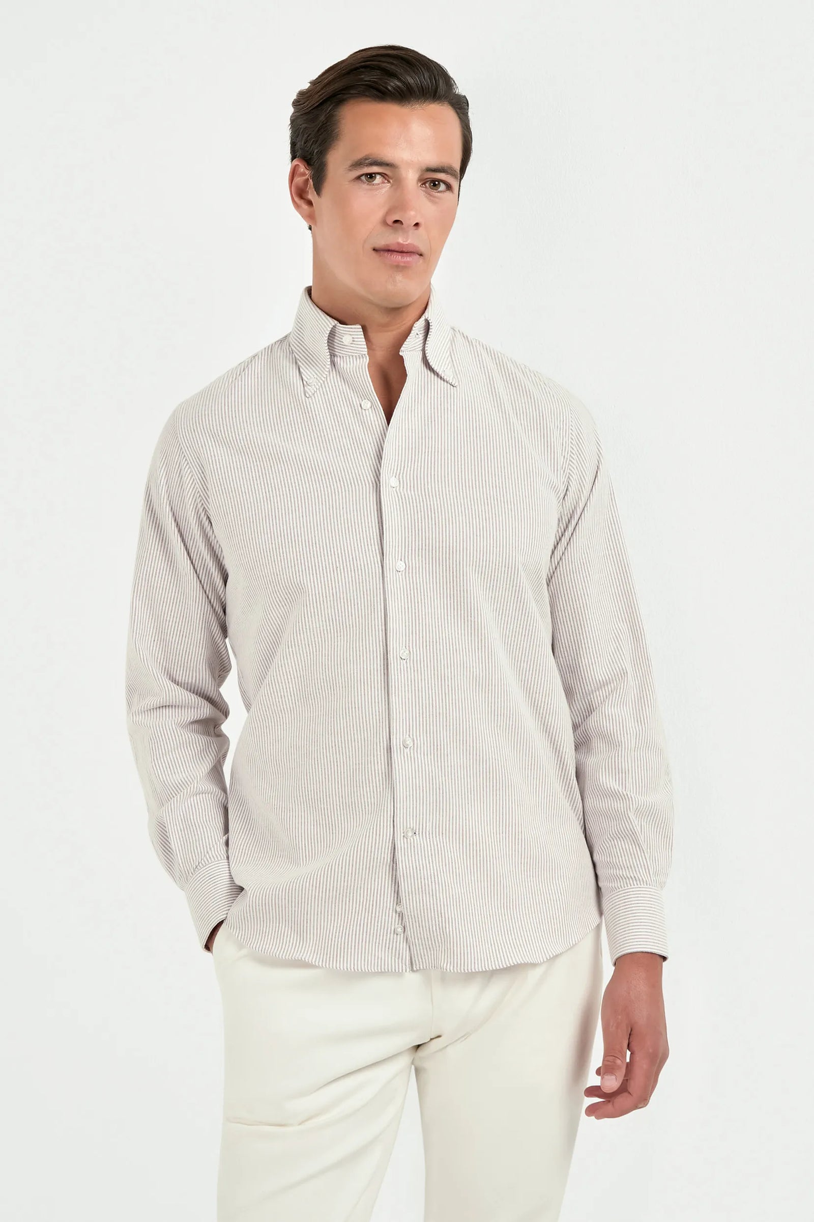Striped Brushed Cotton Button Down Shirt Made In Italy