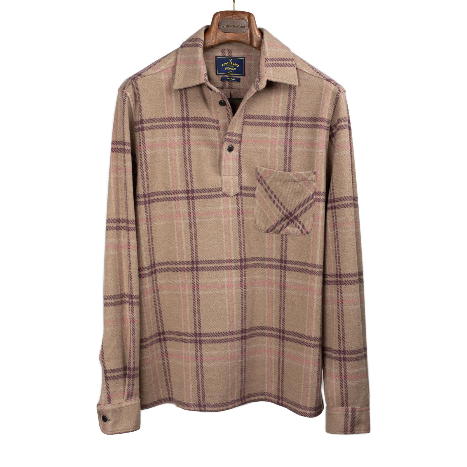 Carter Popover Shirt In Beige And Mauve Plaid Heavyweight Cotton And Poly Flannel