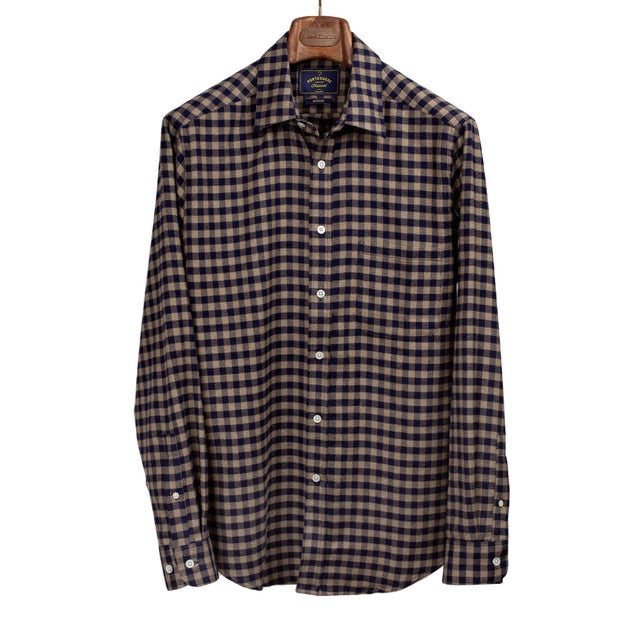 Roca shirt in dark blue and tan buffalo check cotton flannel