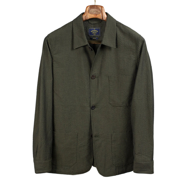 Labura unlined chore jacket in dark olive cotton seersucker