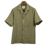Grain camp collar shirt in sage green checked cotton gauze
