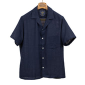 Grain camp collar shirt in navy checked cotton gauze