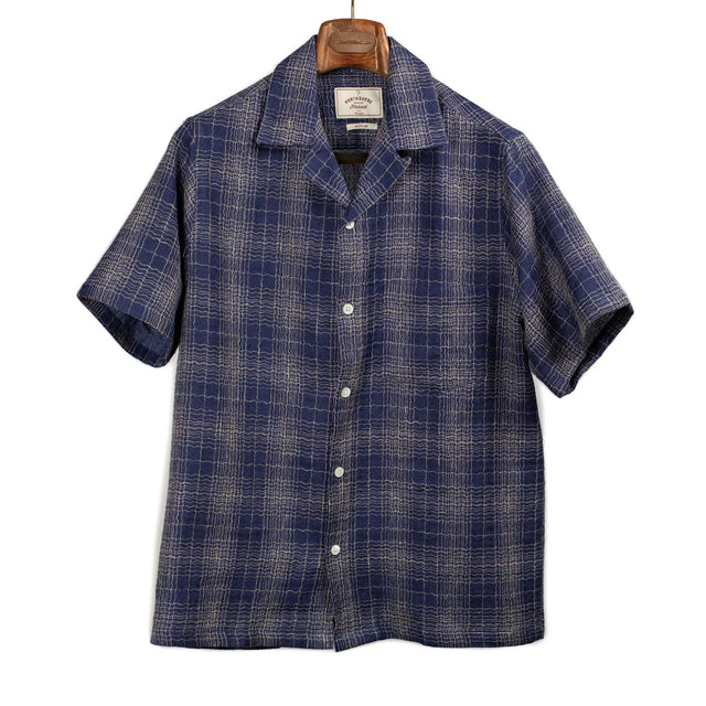 Dorne camp shirt in blue wavy checked cotton and linen
