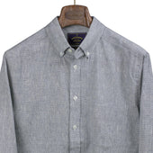 Granular Button Down Collar Shirt In Green Linen And Cotton Dobby