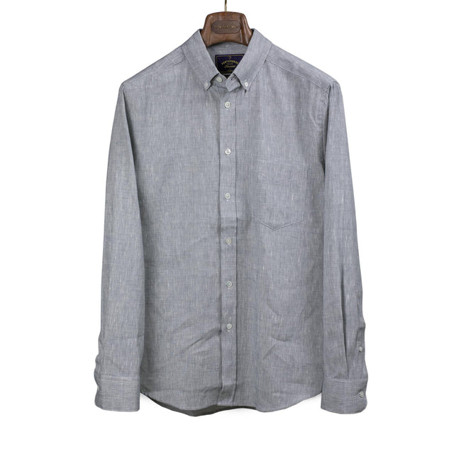 Granular button down collar shirt in green linen and cotton dobby