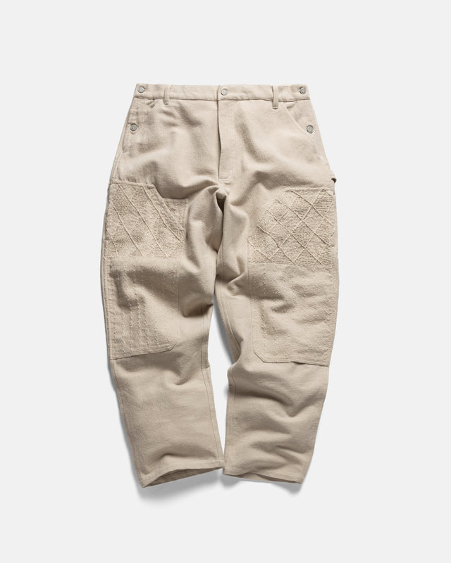 ELI HAND-EMBROIDERED DOUBLE KNEE WORK PANT - AGED SAND HANDSPUN COTTON CANVAS