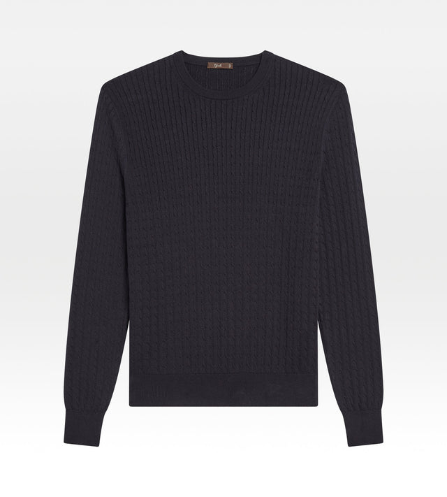 Pull en coton bleu torsadé à col rond