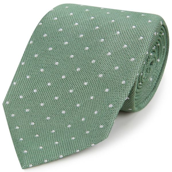 Pale Green White Textured Spot Woven Silk Tie