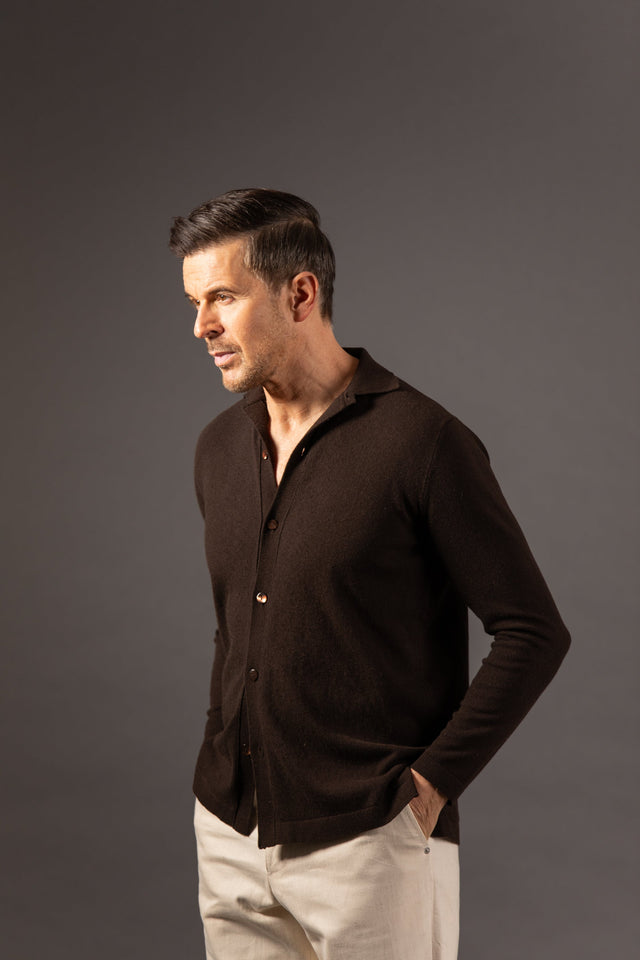 Knitted Cashmere Shirt in Chocolate Brown