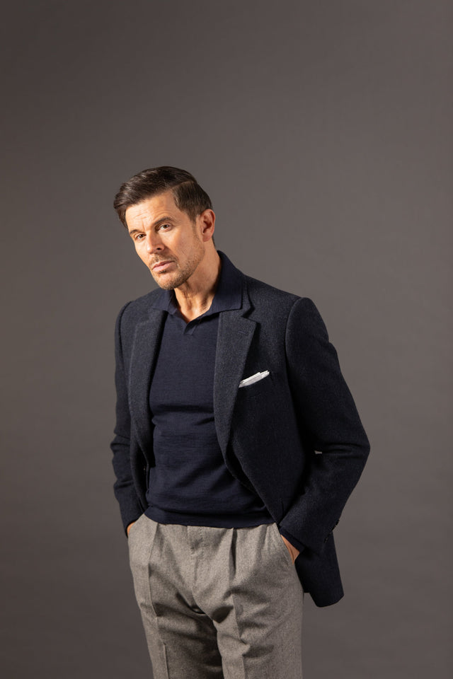 Open Collar Polo in Navy Merino Wool