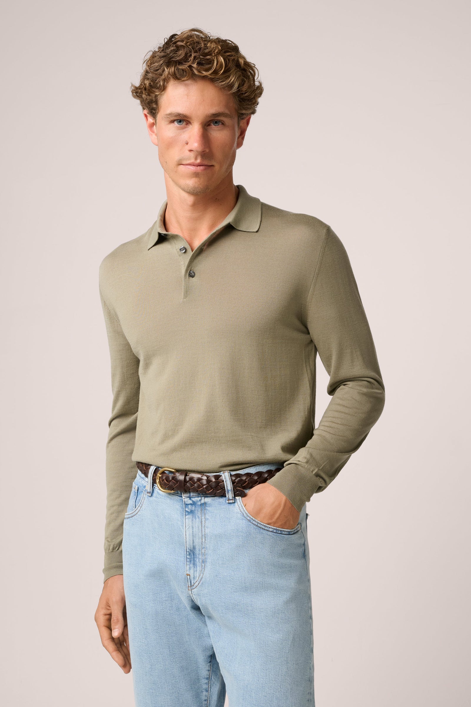 Rye Long Sleeve Polo Paperweight Merino Wool Olive Green