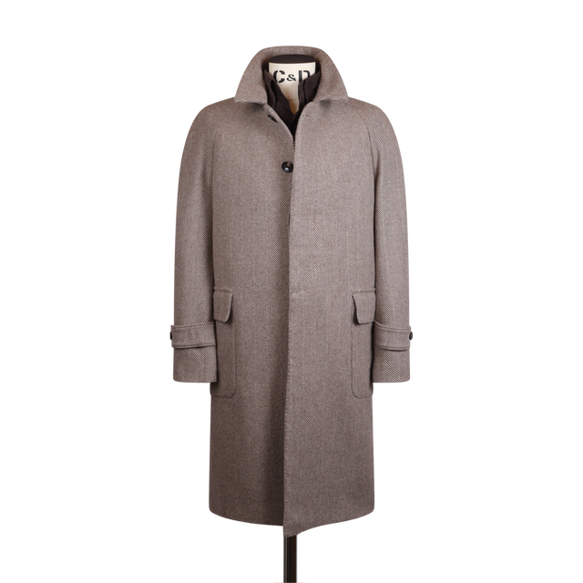 Raglan Overcoat in Brown Herringbone Cashmere Mix