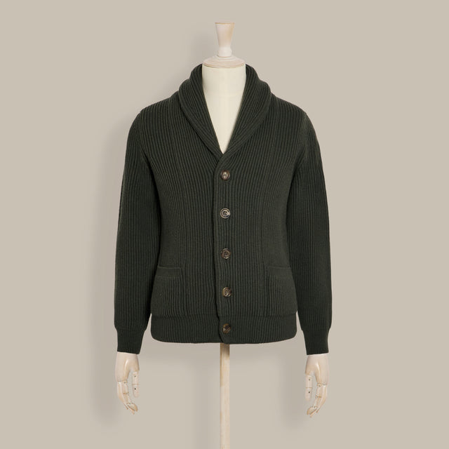Ribbed Shawl Collar Cashmere Blend Cardigan In Khaki
