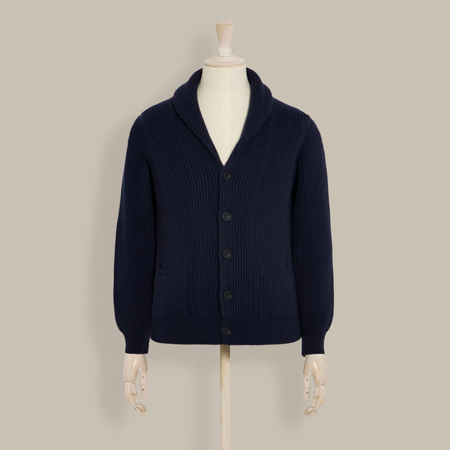 Ribbed Shawl Collar Cashmere Blend Cardigan In Navy