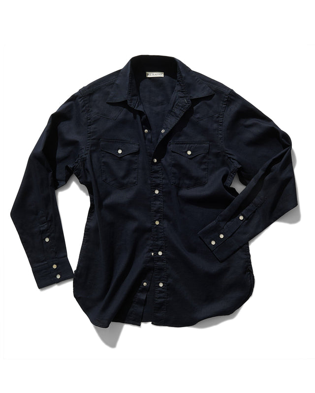 Lightweight Roper Shirt in Navy Brushed Cotton/Linen