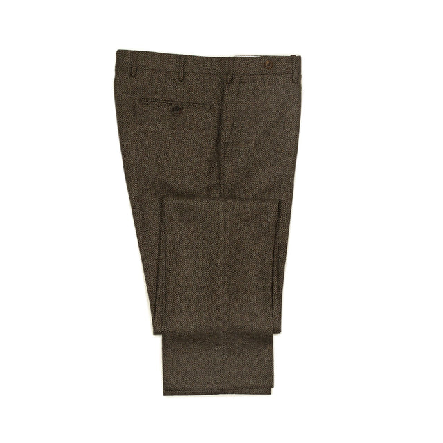 Midtown flat front trousers in brown tweed-like herringbone wool cashmere