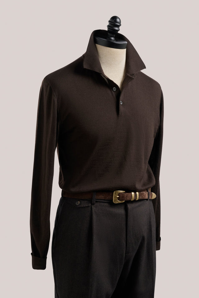 Rye Paperweight Merino Long Sleeve Polo - Espresso