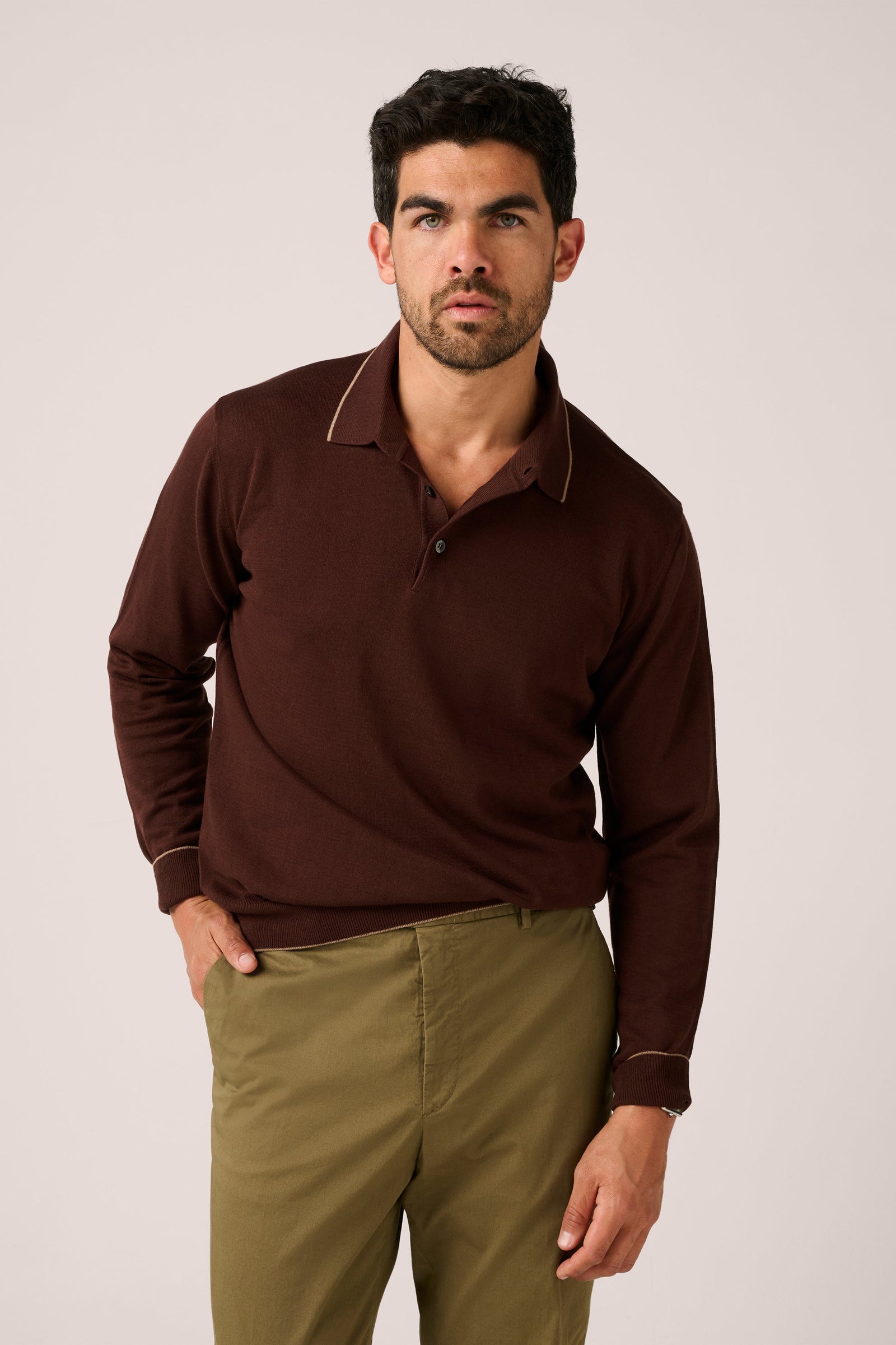 Rye Paperweight Long Sleeve Polo Cotton Chestnut
