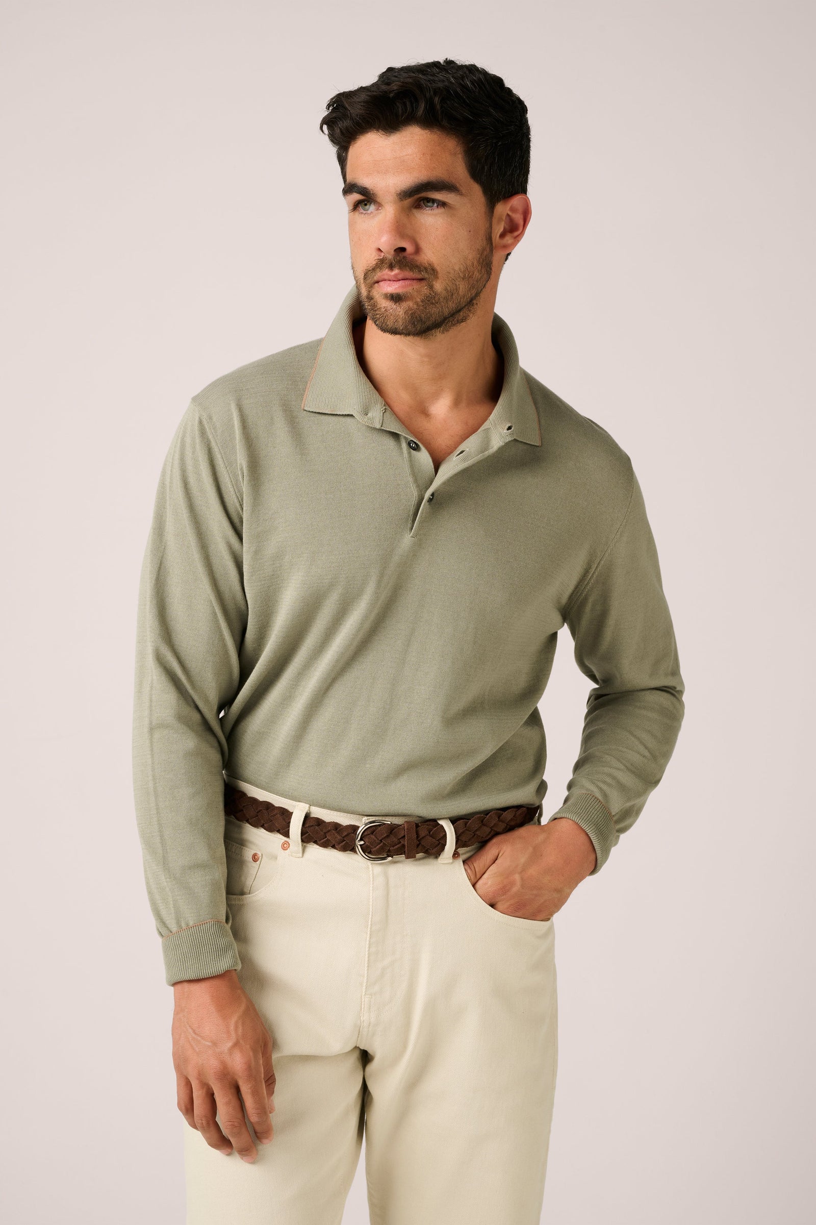 Rye Paperweight Long Sleeve Polo Cotton Pistachio