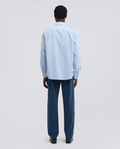 Camicia Rigata In Popeline Di Cotone Con Collo Francese Riga Azzurra
