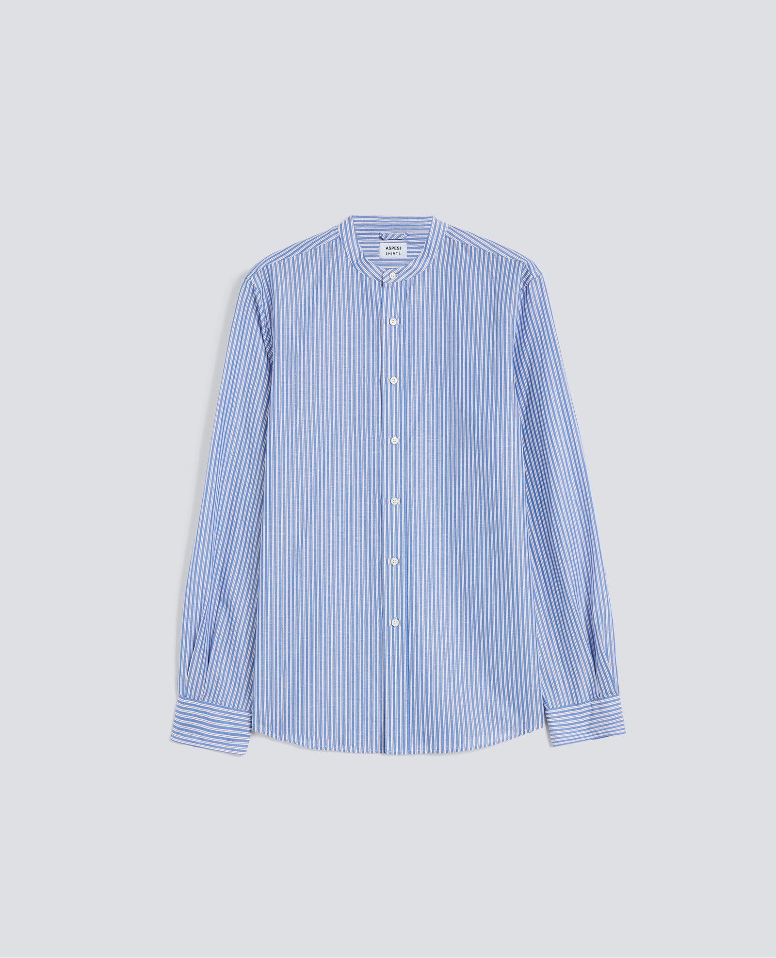 Camicia In Cotone Lino Rigata Coreana Riga Blu