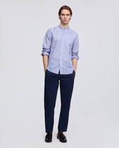 Camicia In Cotone Lino Rigata Coreana Riga Blu