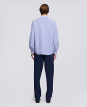 Camicia In Cotone Lino Rigata Coreana Riga Blu