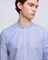 Camicia In Cotone Lino Rigata Coreana Riga Blu