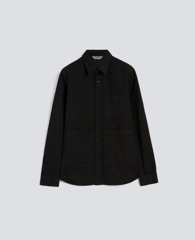 CAMICIA UTILITY IN TELA RUSTICA DI COTONE-LINO - NERO