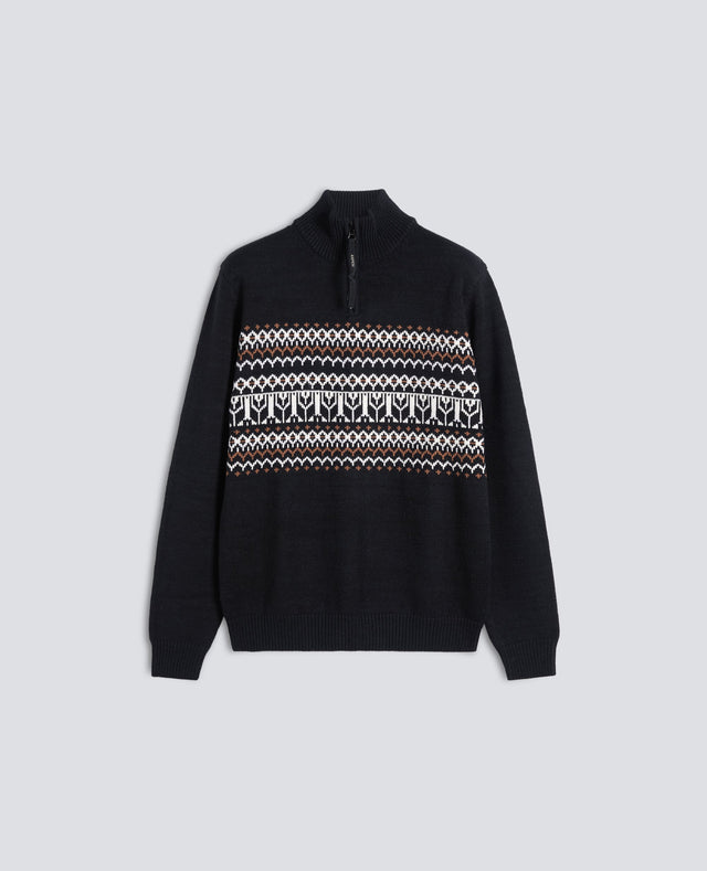 MAGLIA CON MEZZA ZIP IN COTONE, CANAPA E LANA - NERO