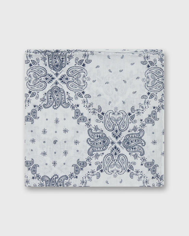 Cotton Print Pocket Square In White Navy Paisley