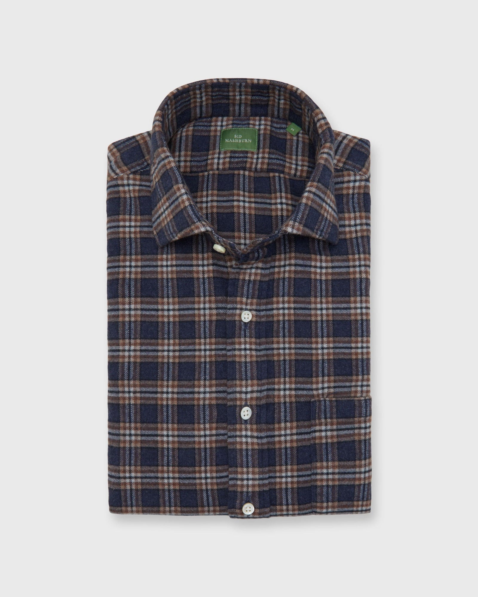 Spread Collar Sport Shirt In Khaki Navy Plaid Flannel