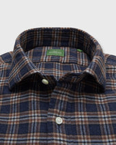 Spread Collar Sport Shirt In Khaki Navy Plaid Flannel