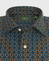 Spread Collar Sport Shirt In Tobacco Blue Jacquard Poplin