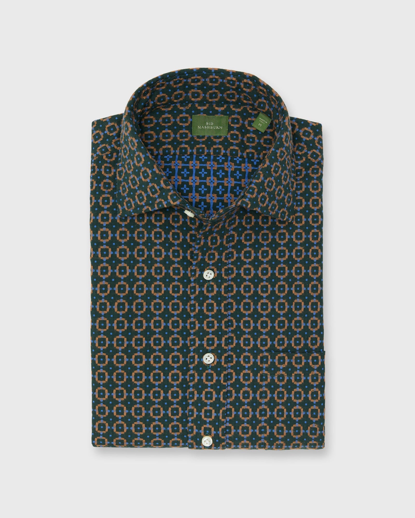 Spread Collar Sport Shirt In Tobacco Blue Jacquard Poplin