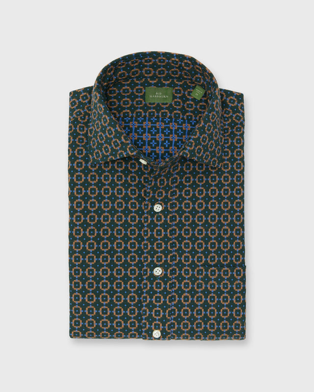 Spread Collar Sport Shirt In Tobacco Blue Jacquard Poplin