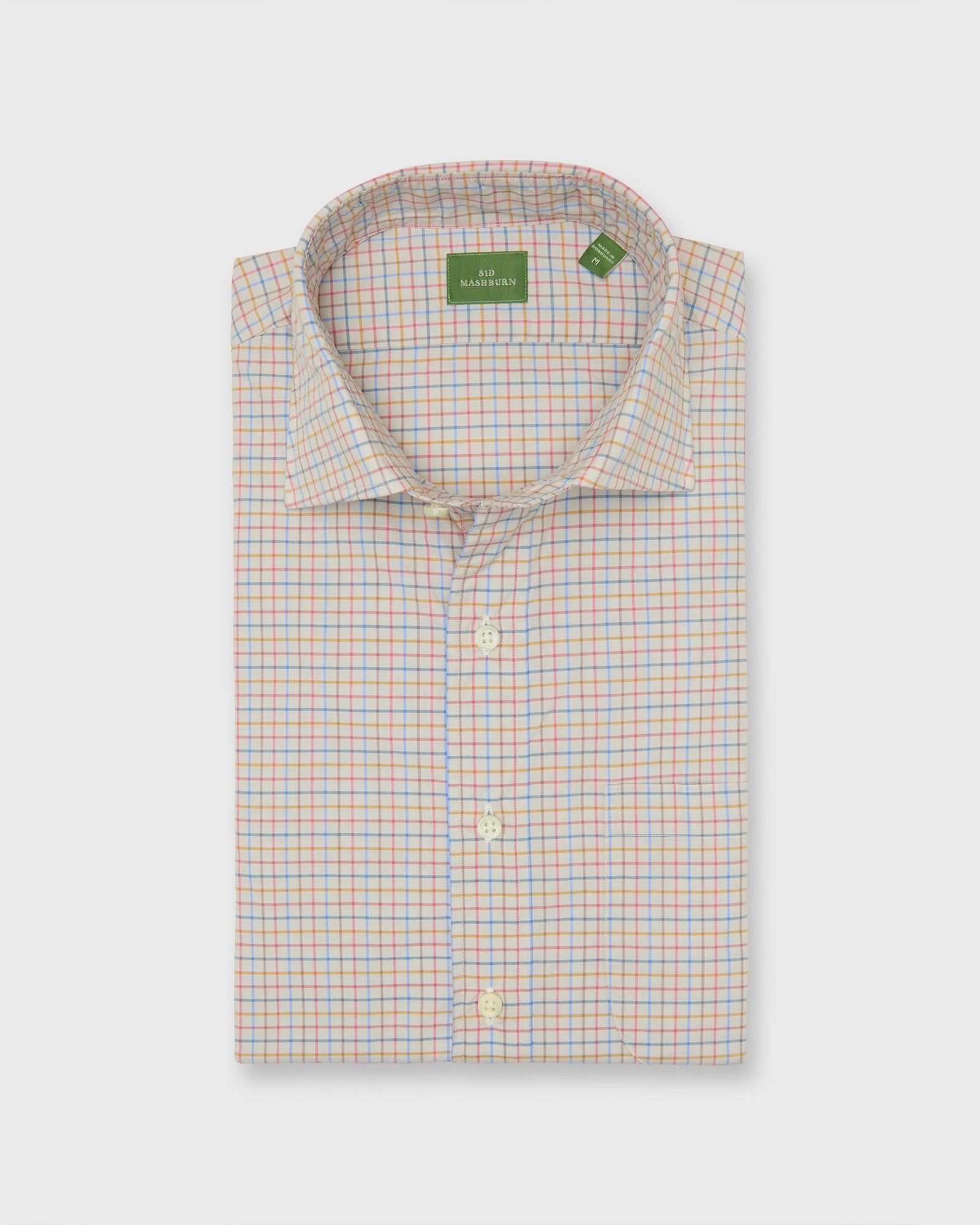 Spread Collar Sport Shirt in Bone/Sky/Berry Tattersall Poplin