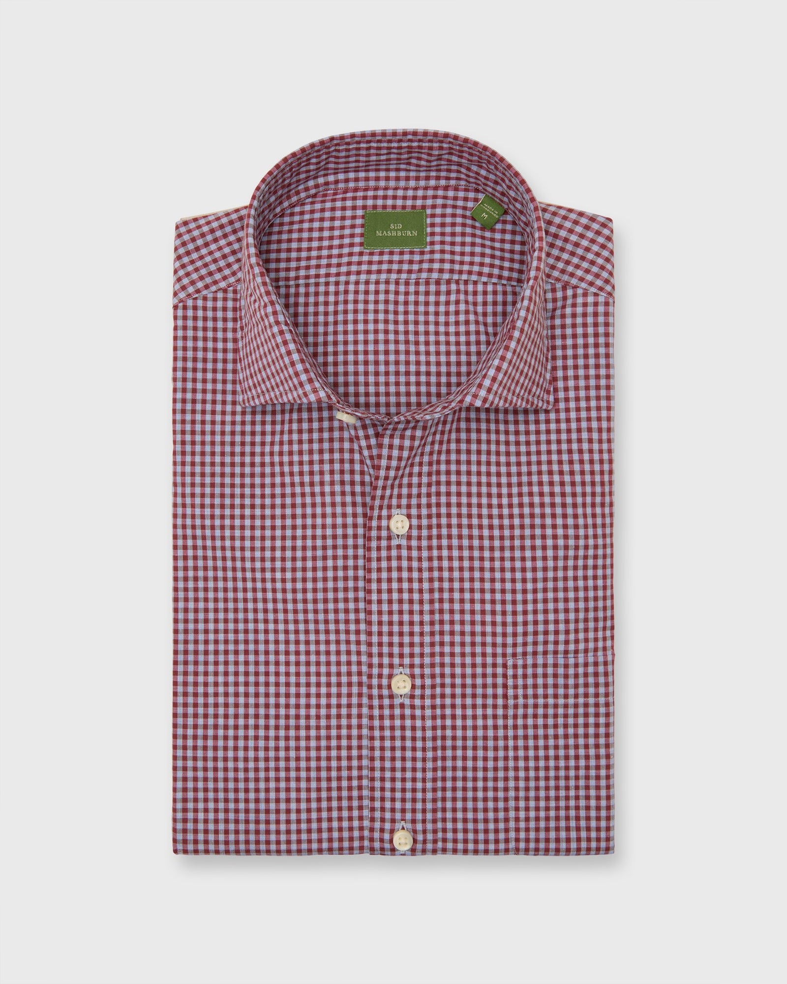 Spread Collar Sport Shirt In Heather Sky Garnet Gingham Poplin