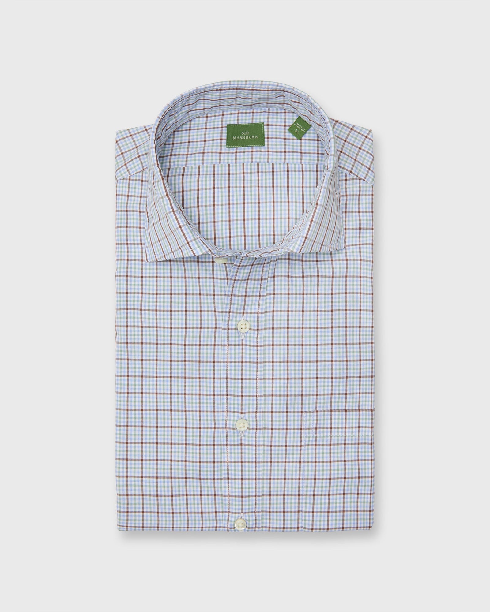 Spread Collar Sport Shirt In Spruce Brown Tattersall Poplin