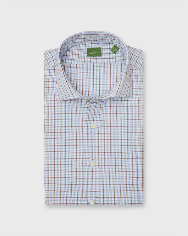 Spread Collar Sport Shirt In Spruce Brown Tattersall Poplin