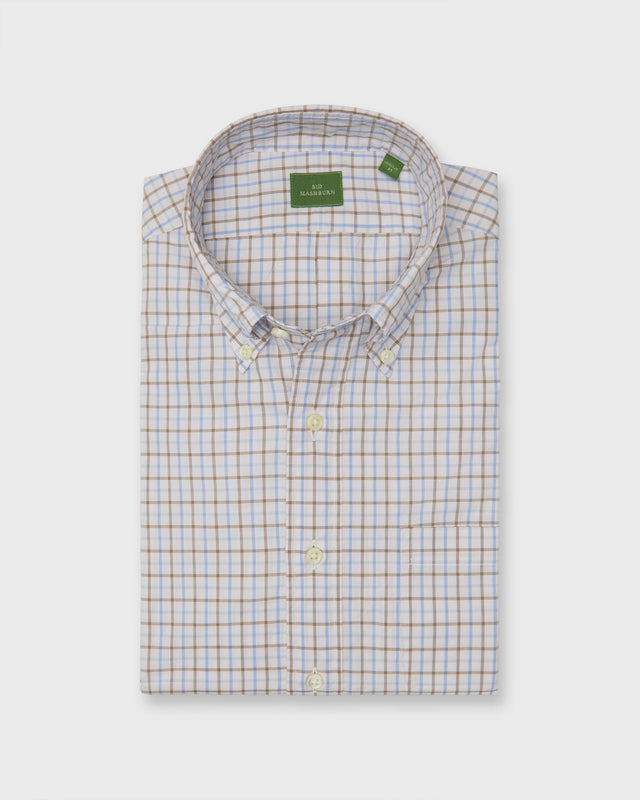 Button Down Sport Shirt In Bone Sky Tattersall Poplin