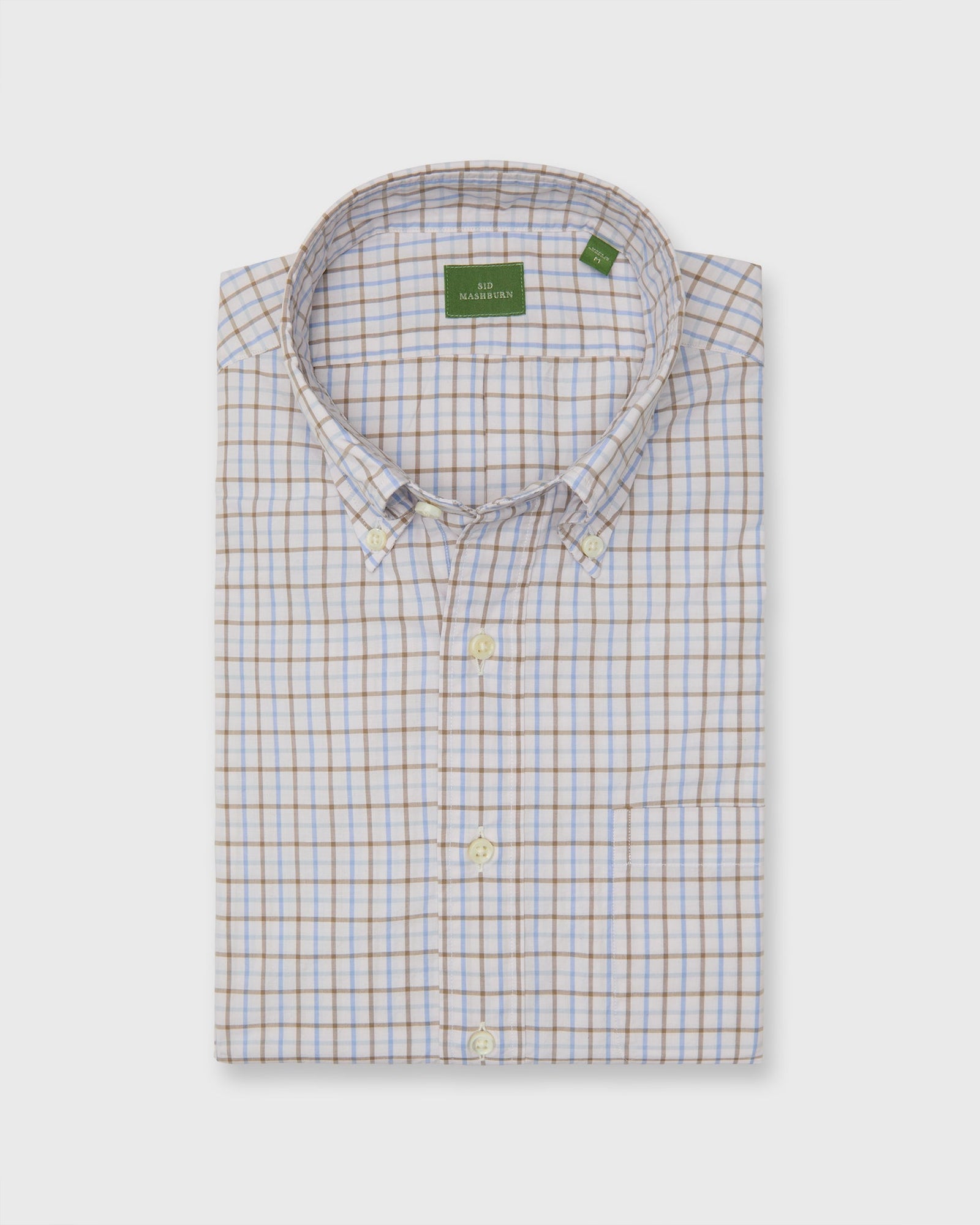 Button-Down Sport Shirt in Bone/Olive/Sky Tattersall Poplin