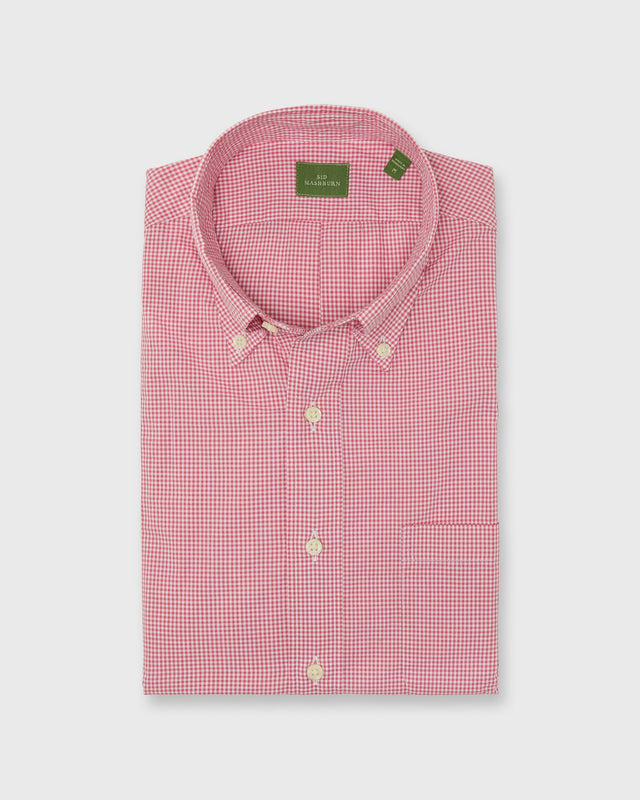 Button Down Sport Shirt In Red Micro Gingham Poplin