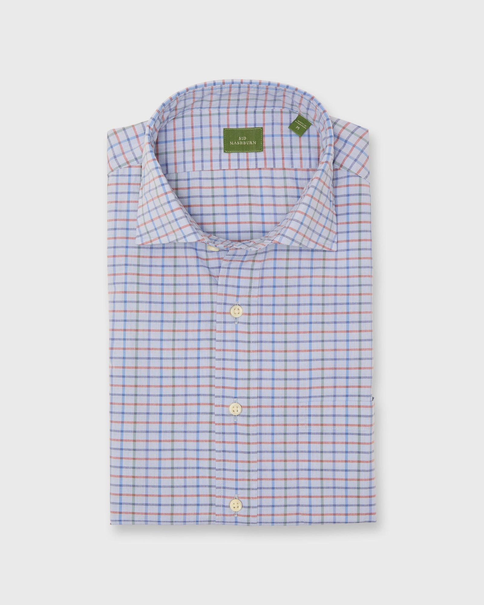 Spread Collar Sport Shirt In Sky Red Green Tattersall Poplin