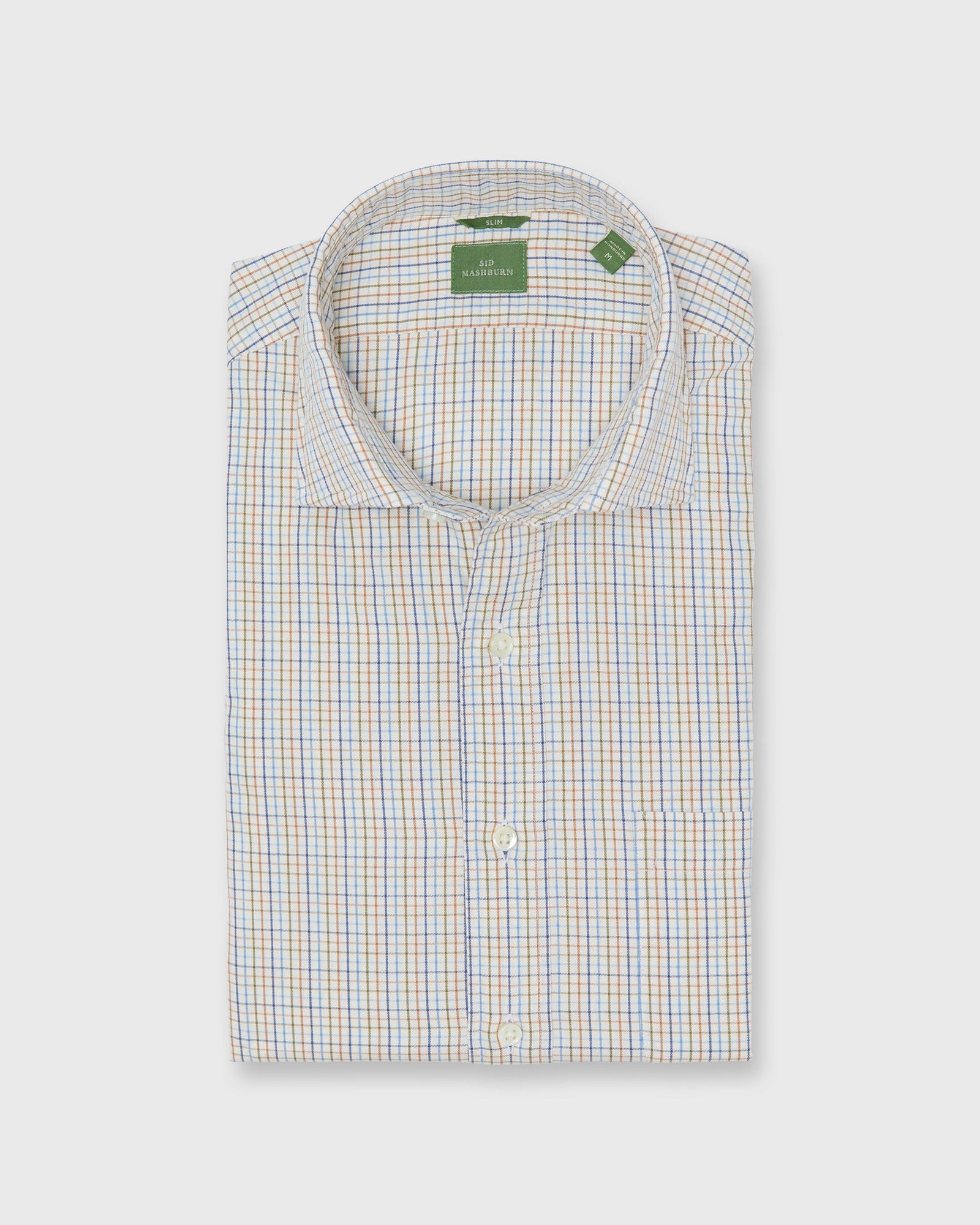 Slim-Fit Spread Collar Sport Shirt in Olive/Ochre/Blue Tattersall Twill