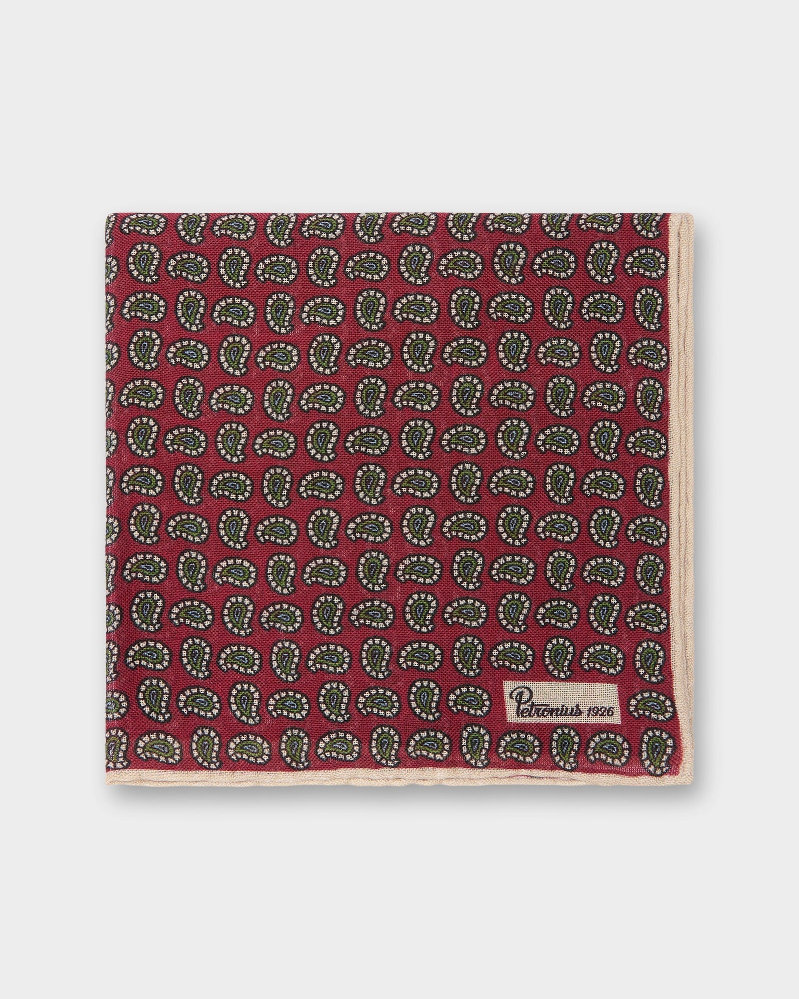 Wool Silk Pocket Square In Red Olive Bone Paisley