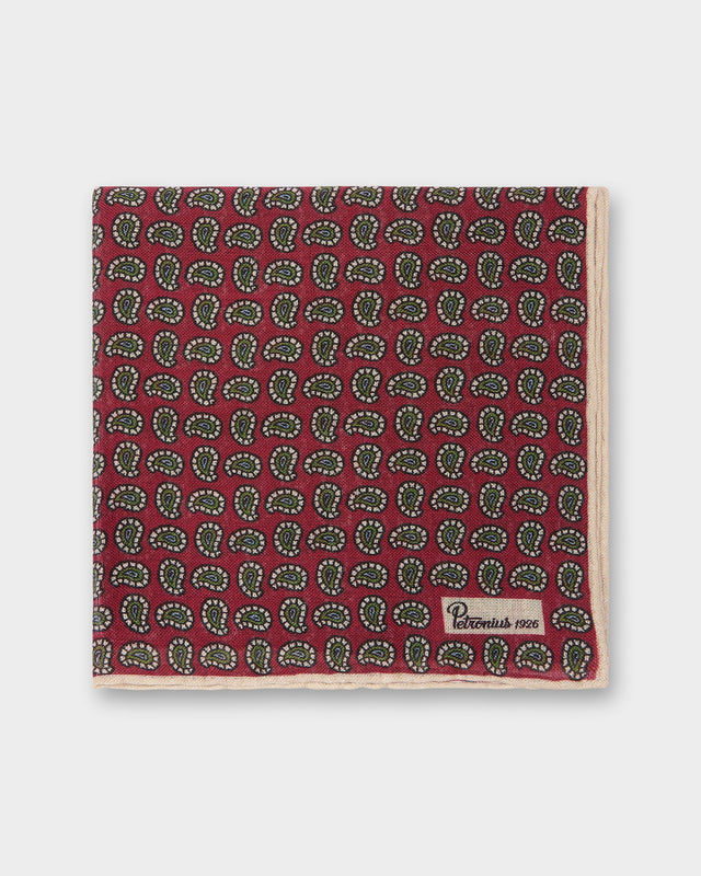 Wool Silk Pocket Square In Red Olive Bone Paisley